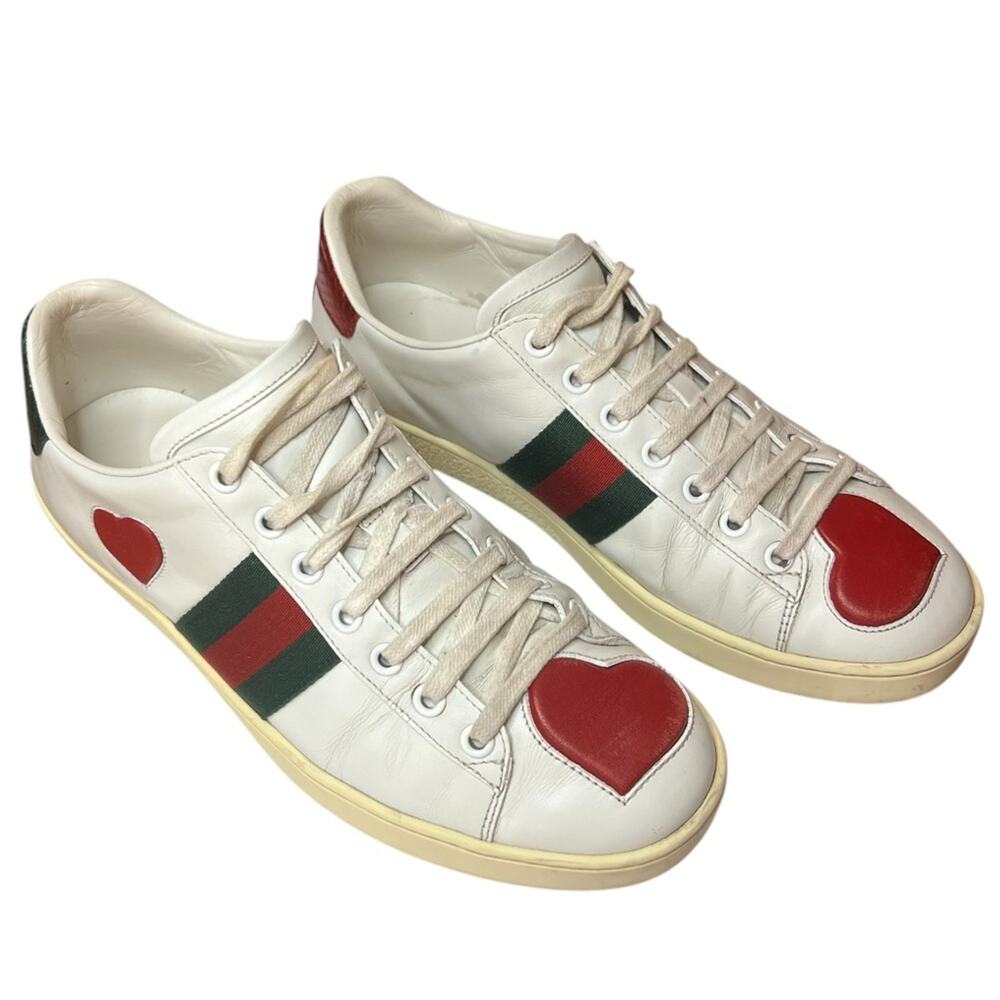 Gucci Ace Hearts Web Stripe Sneakers White Leather Low Top EU 37.5 US 7.5 - Picture 1 of 12